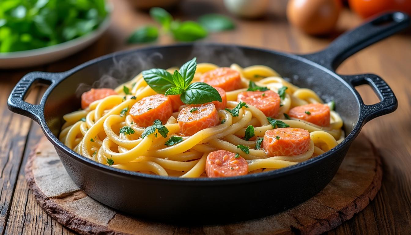 découvrez notre recette rapide et facile de pâtes au saumon crémeuses, prêtes en seulement 15 minutes pour un repas savoureux et gourmand.