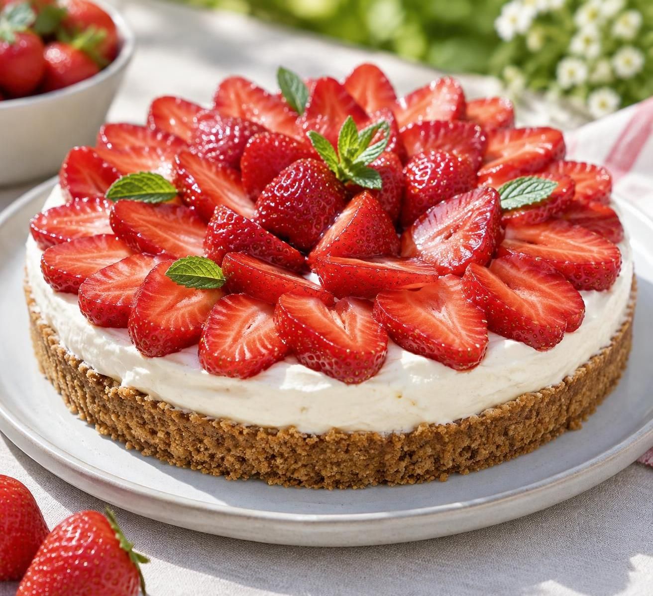 réalisez une tarte aux fraises sans cuisson, avec une base de palet breton ou de spéculoos et une délicieuse crème pâtissière. facile et gourmande !